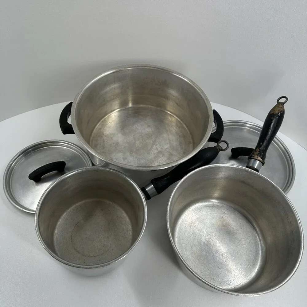 Vintage Wear-Ever TACU Aluminum Saucepan Pot Set 3 Lids Wood Handle Made in USA